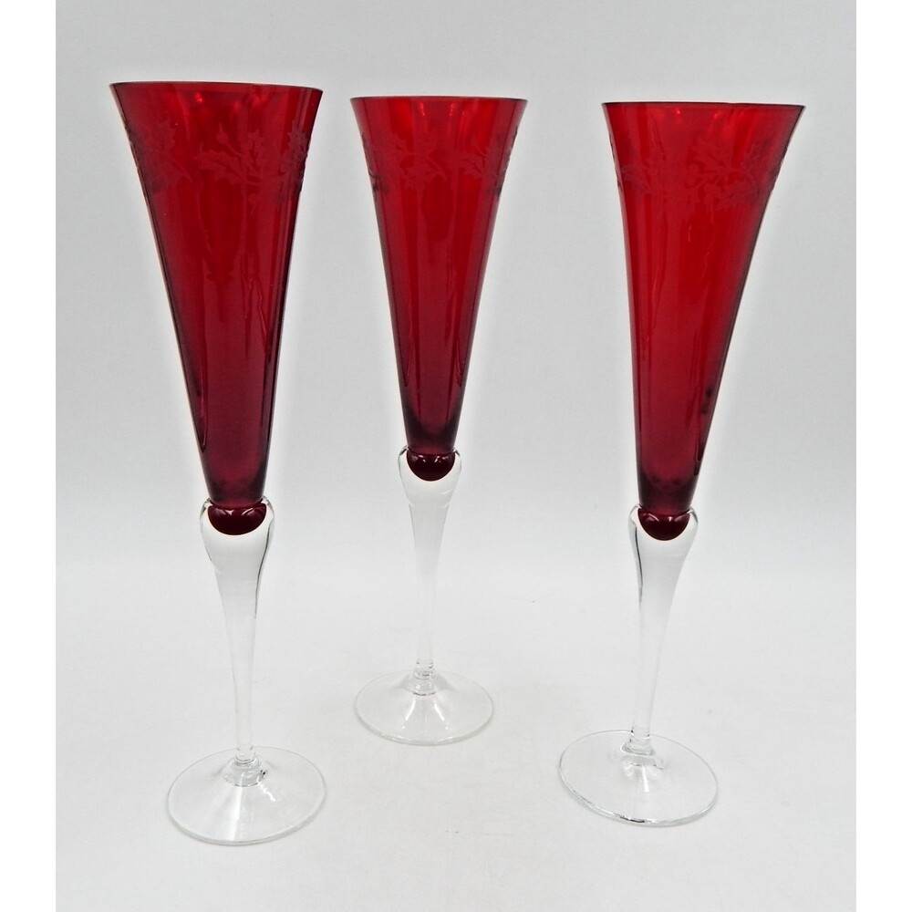 Lenox Holiday Gems Toasting Flutes Ruby Champagne 11 inch Etched Holly S/3